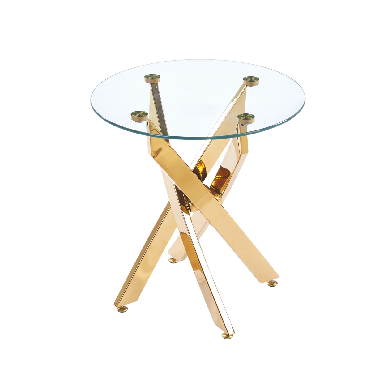 19.69" Round End Table, 8MM Clear Tempered Glass Top with Golden Crossed Metal Base, Easy to Clean