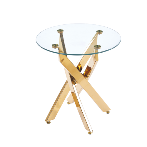 19.69" Round End Table, 8MM Clear Tempered Glass Top with Golden Crossed Metal Base, Easy to Clean