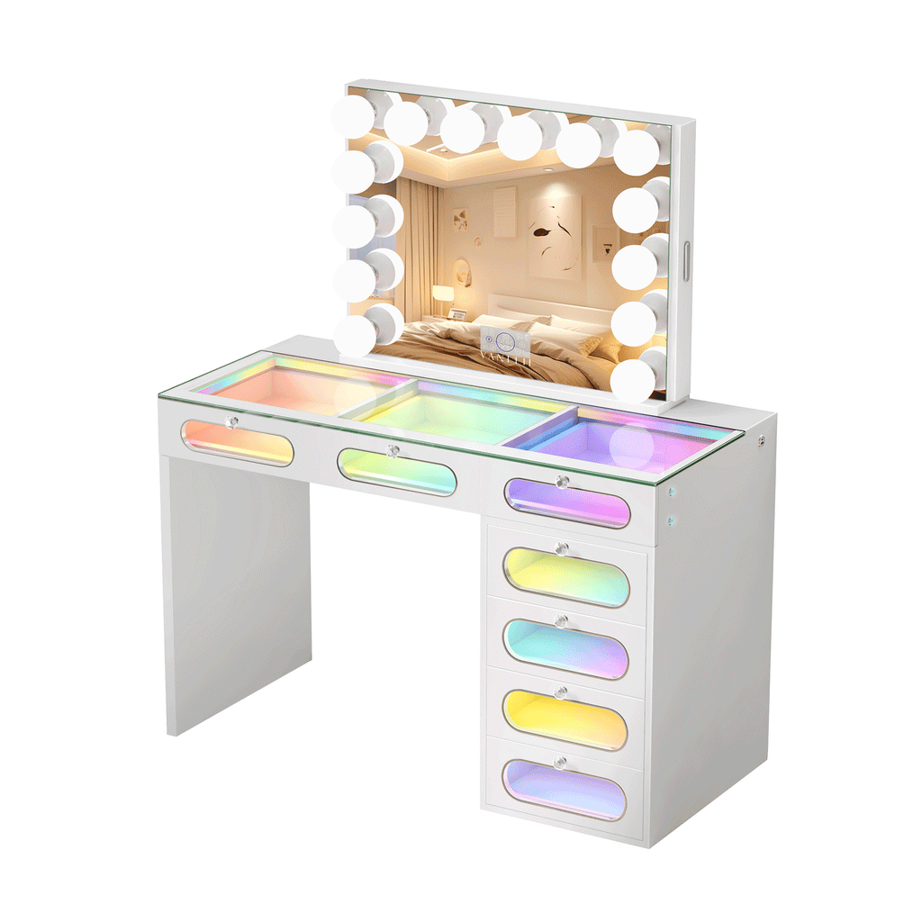 VANITII 7 Glass Fronted Drawers with Hollywood Vanity Mirror