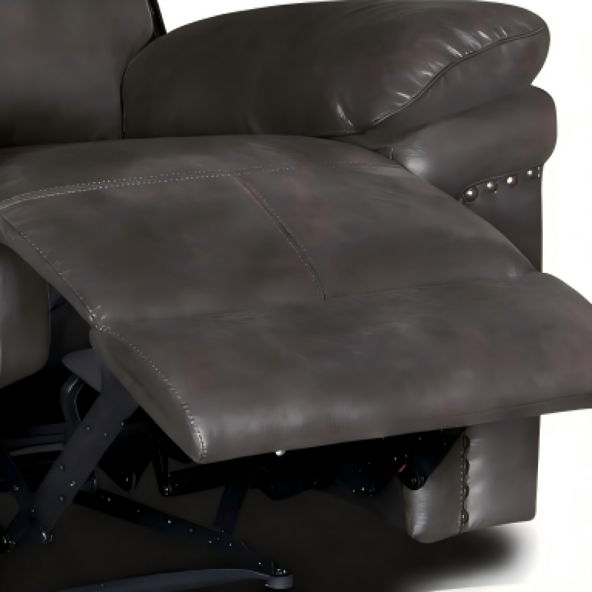 Close-up of a dark brown leather recliner chair on a white background