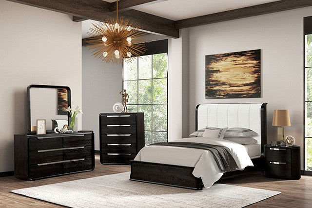 Modern bedroom with dark wood furniture, white bedding, and decorative elements.