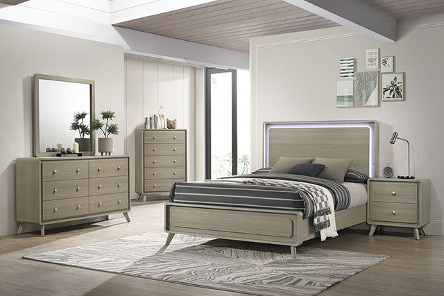 Neatly arranged bedroom with beige furniture set including bed, dresser, and nightstands.