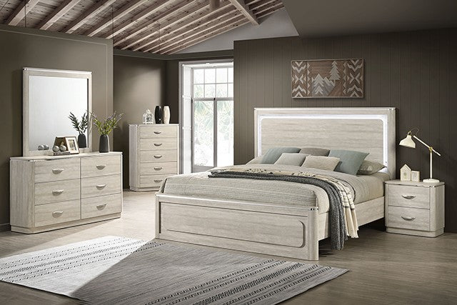 Neatly arranged bedroom with wooden furniture including a bed, dresser, and nightstands.