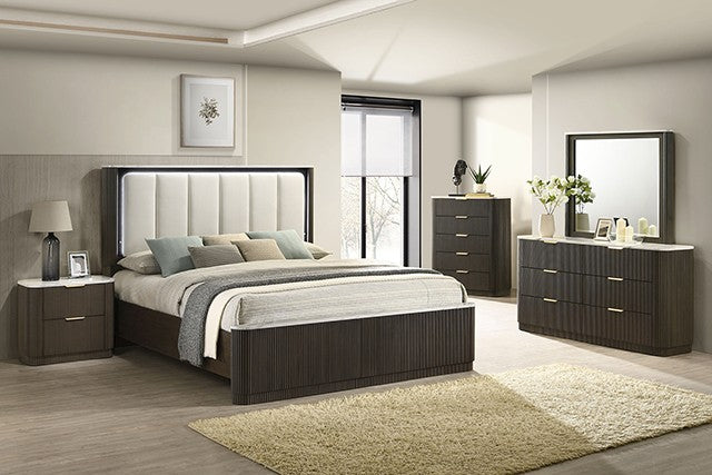 Modern bedroom with dark wood furniture including a bed, nightstands, and dresser.