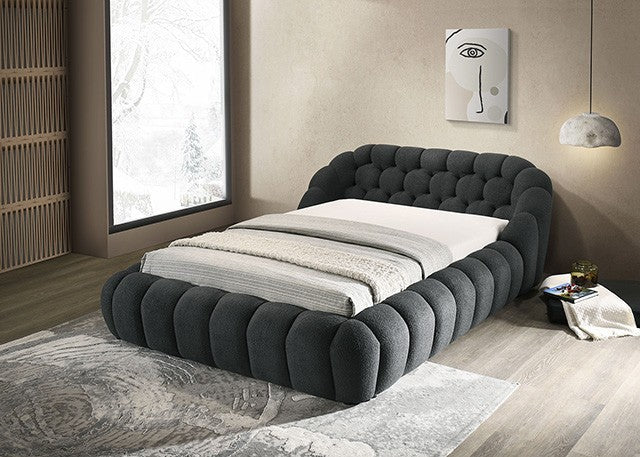 Tufted Chenille Channeled queen size dark charcoal grey bed frame in modern room.
