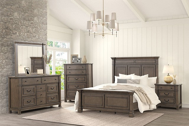 Bedroom set with wooden furniture including a bed, dresser, and nightstands.