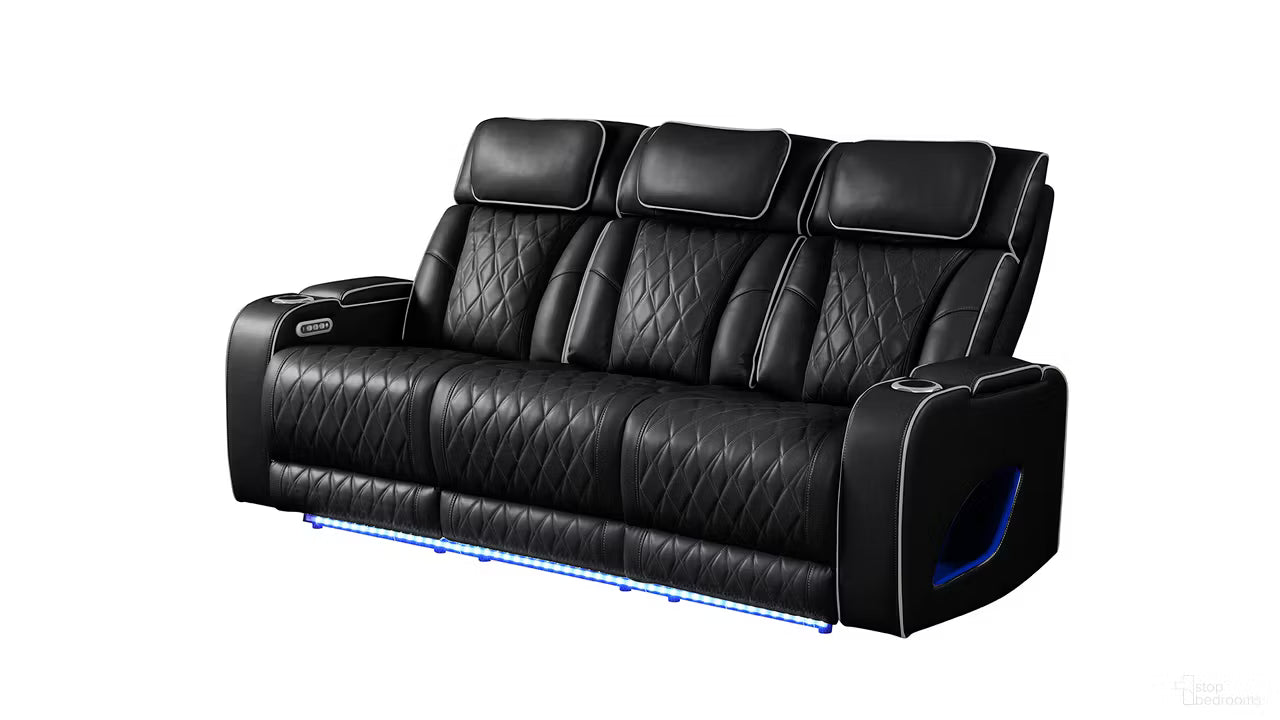 Black faux leather power reclining sofa with diamond-stitched cushions, LED ambient lighting, adjustable headrests, cup holders, and built-in storage shown in a white background.