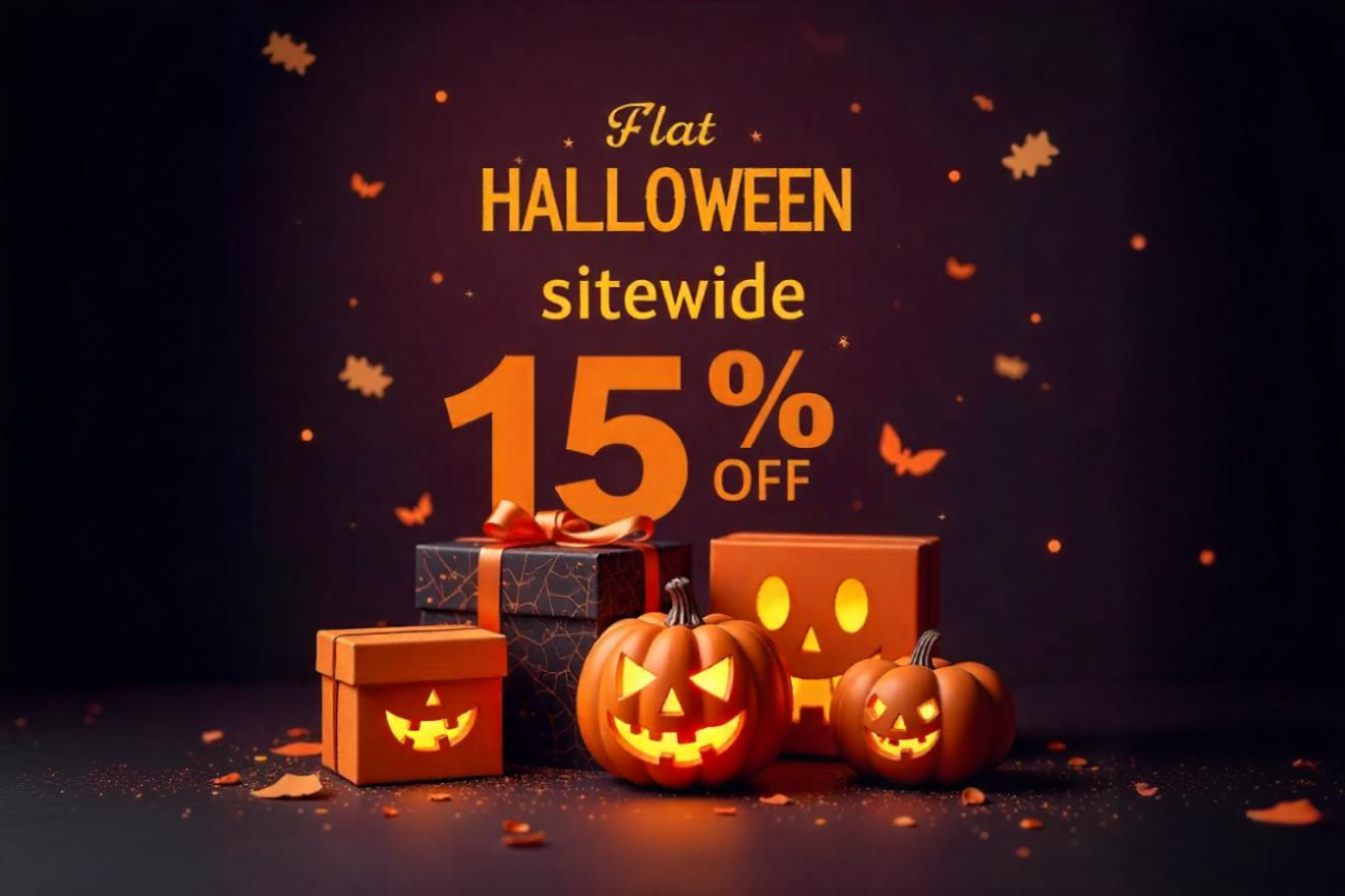 Halloween-themed promotional banner with pumpkins, gift boxes, and a 15% off discount offer on the whole website on a dark background.