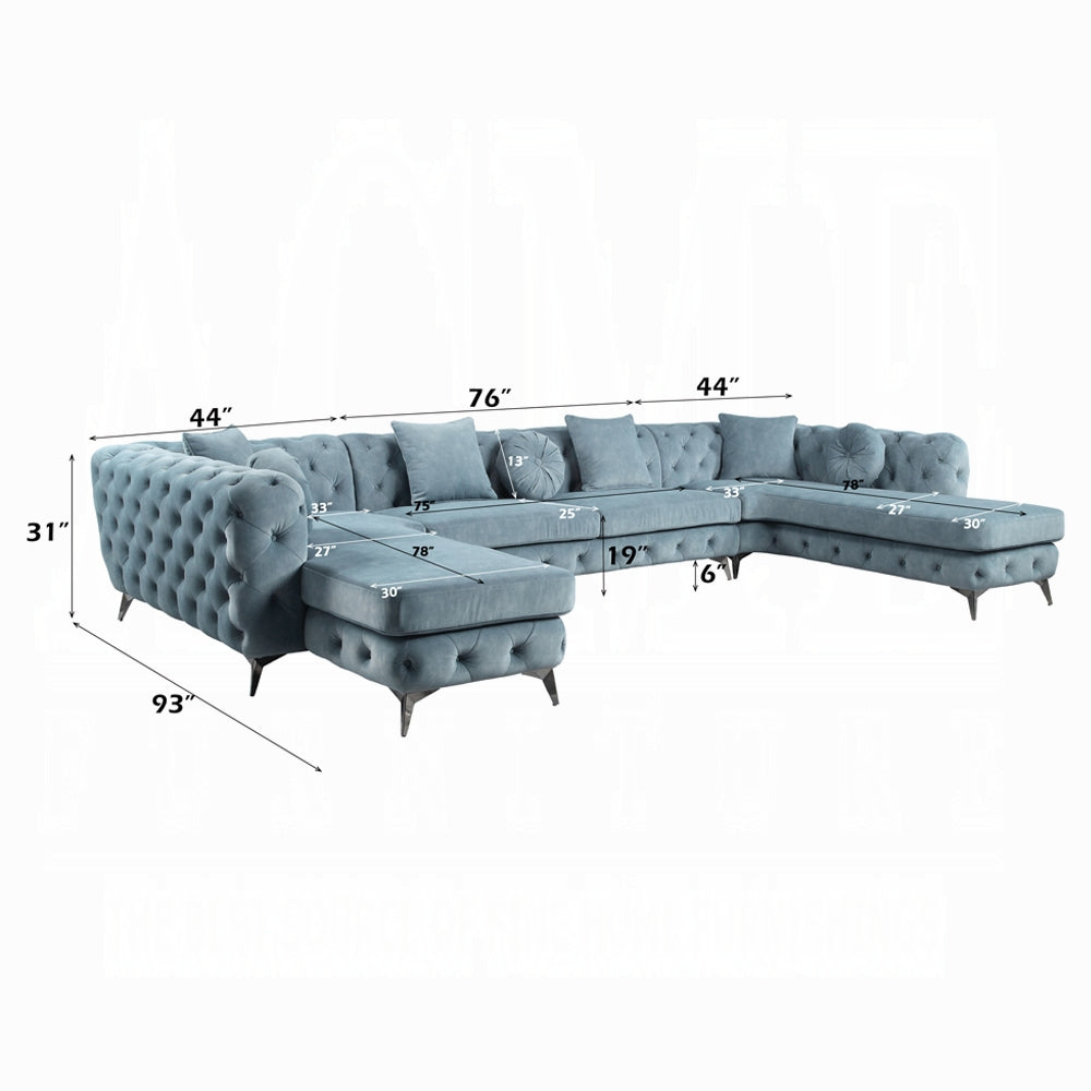 Sectional sofa with dimensions on a white background