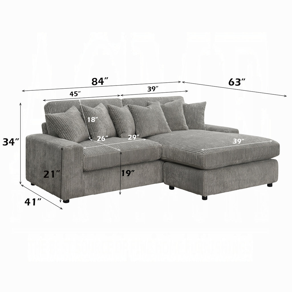 Gray sectional sofa with dimensions labeled on a white background