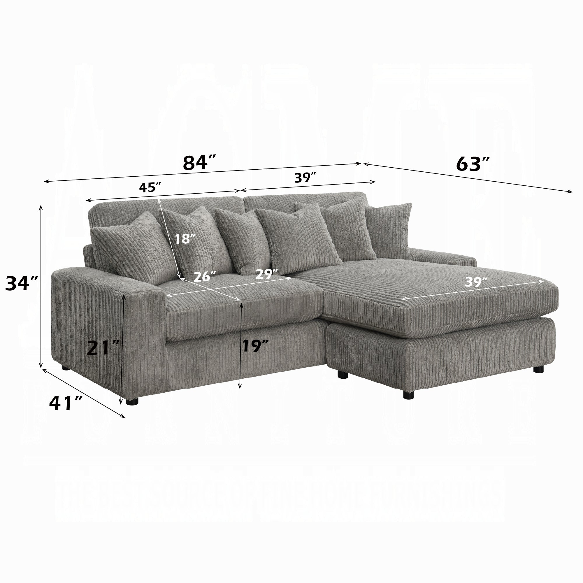 Gray sectional sofa with dimensions labeled on a white background