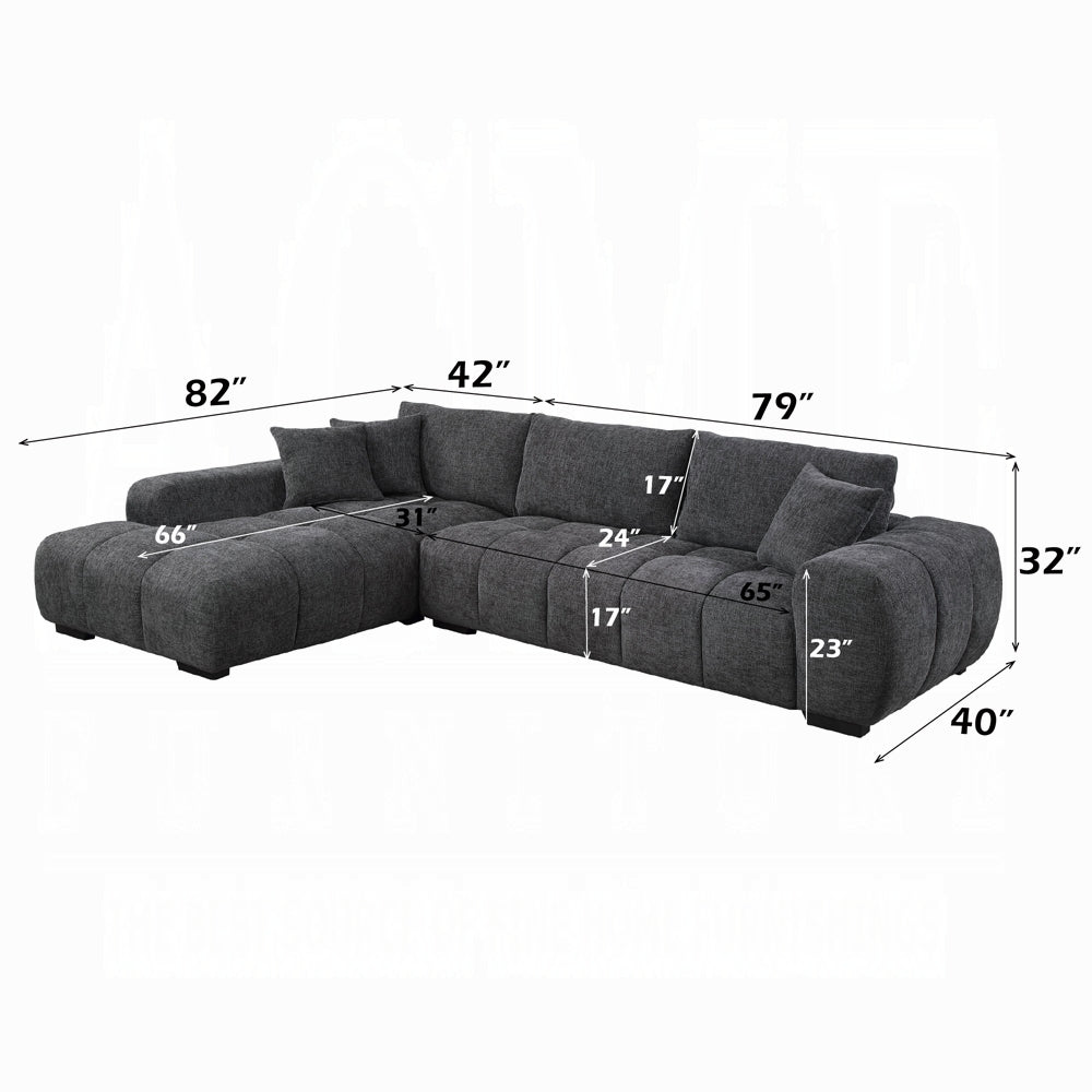 Gray sectional sofa with dimensions labeled on a white background
