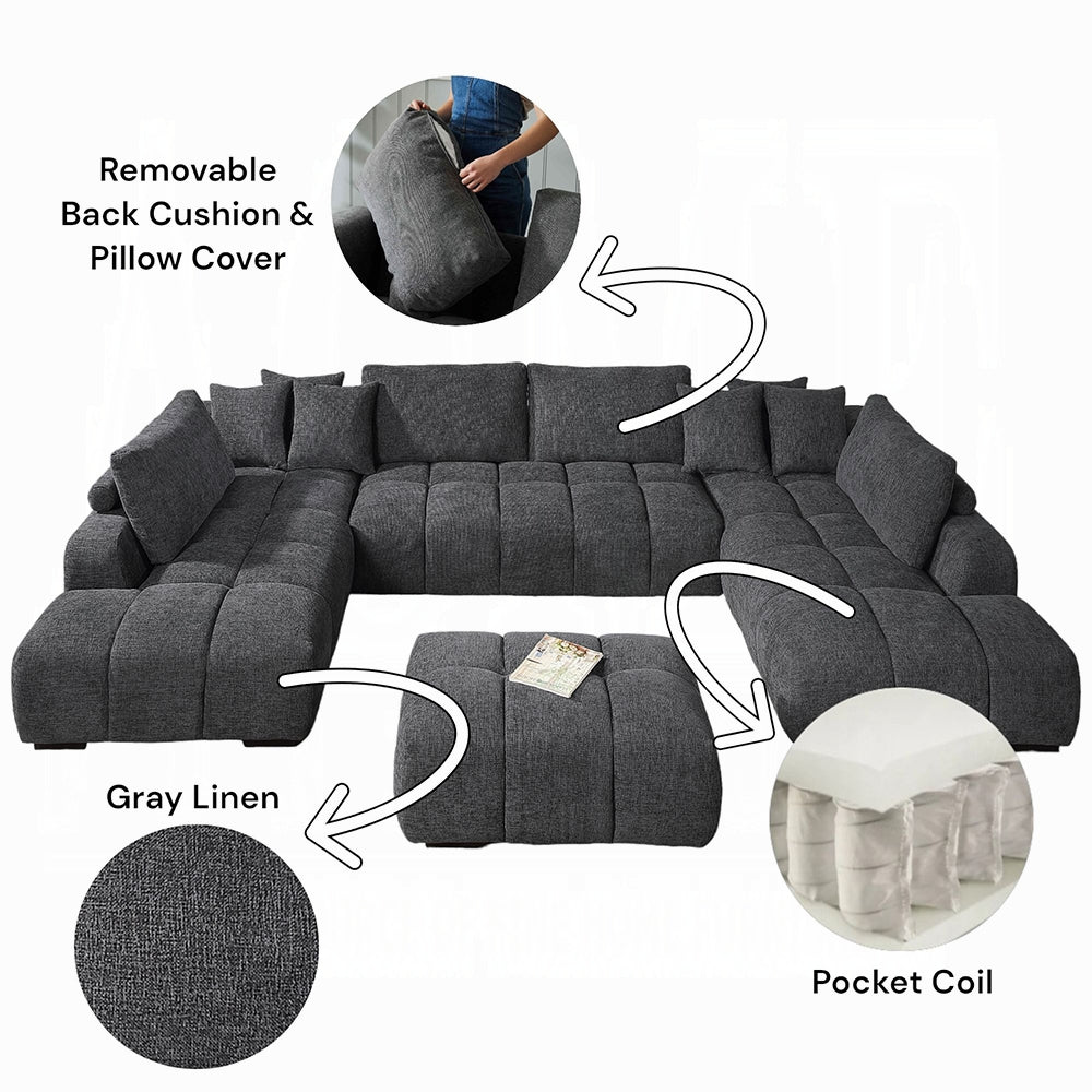 Gray sectional sofa with features highlighted, including removable back cushion, pillow cover, gray linen texture, and pocket coil.