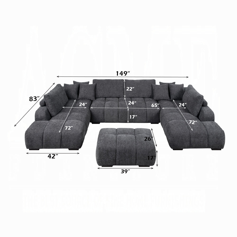 Gray sectional sofa with dimensions labeled on a white background