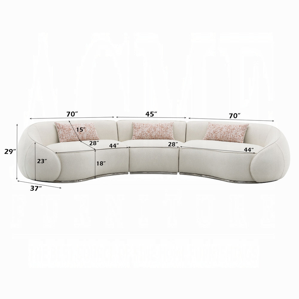 White sectional sofa with dimensions labeled on a white background