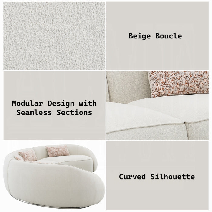 Collage of beige boucle fabric swatch, modular design with seamless sections, and curved silhouette of a sofa.