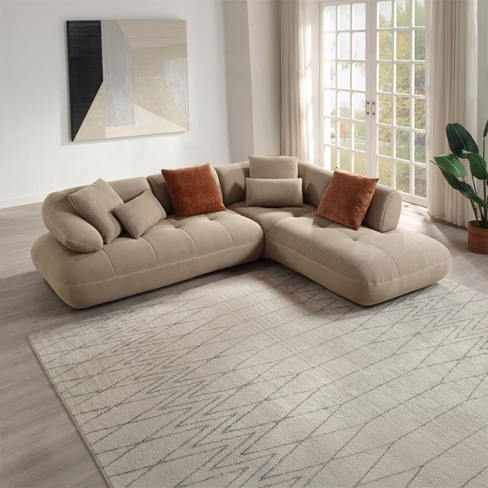 Beige sectional sofa in a living room with a rug and window.