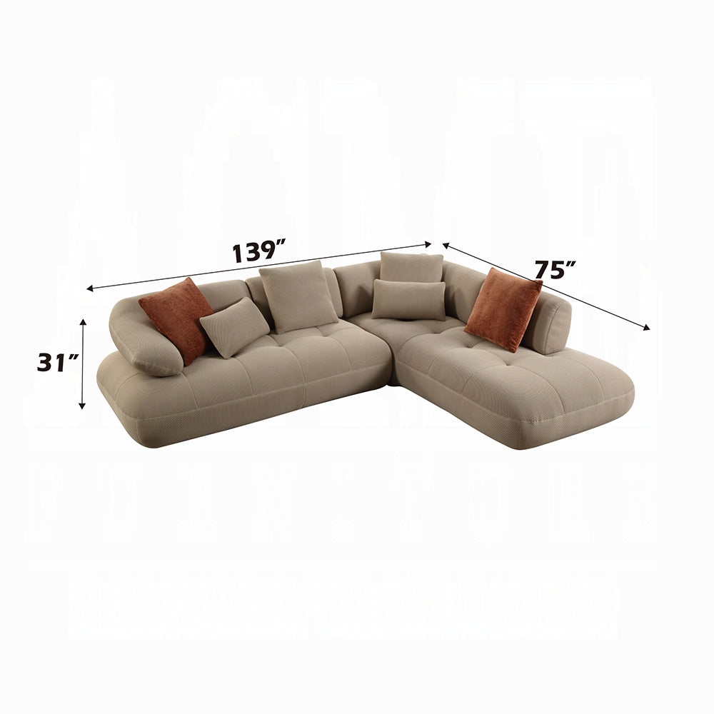 Beige sectional sofa with dimensions labeled on a white background