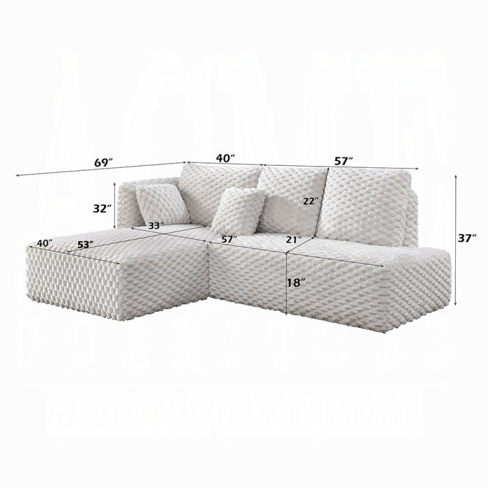 Gray sectional sofa with dimensions labeled on a white background
