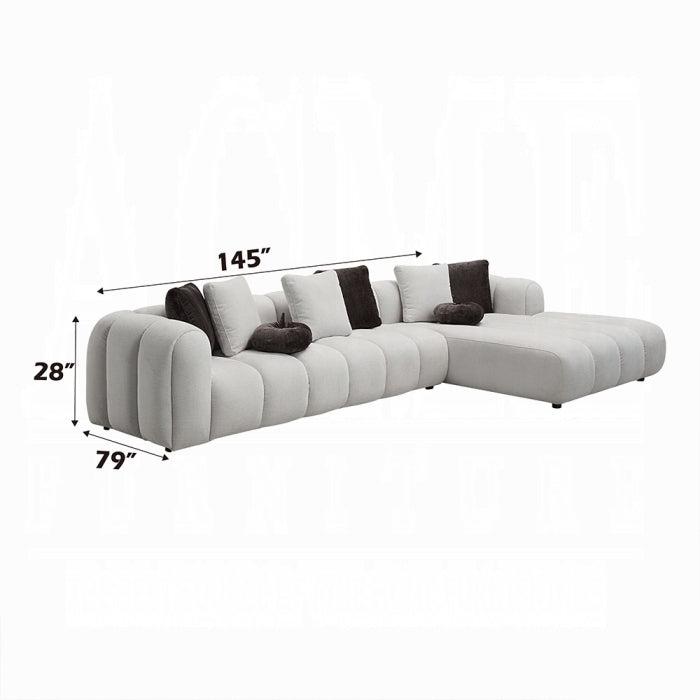 Gray sectional sofa with dimensions labeled on a white background