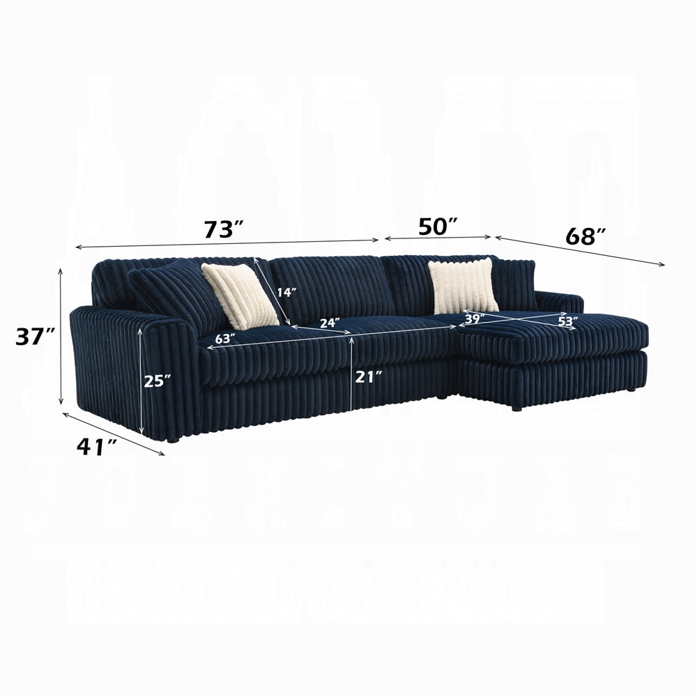 Navy blue sectional sofa with dimensions labeled on a white background