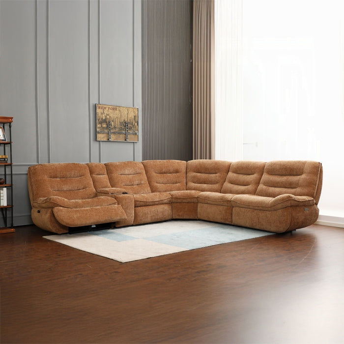 Brown sectional sofa in a living room with a neutral color scheme.