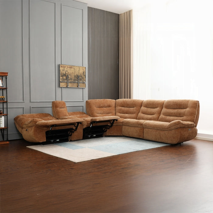 Brown sectional sofa in a living room with a neutral color palette