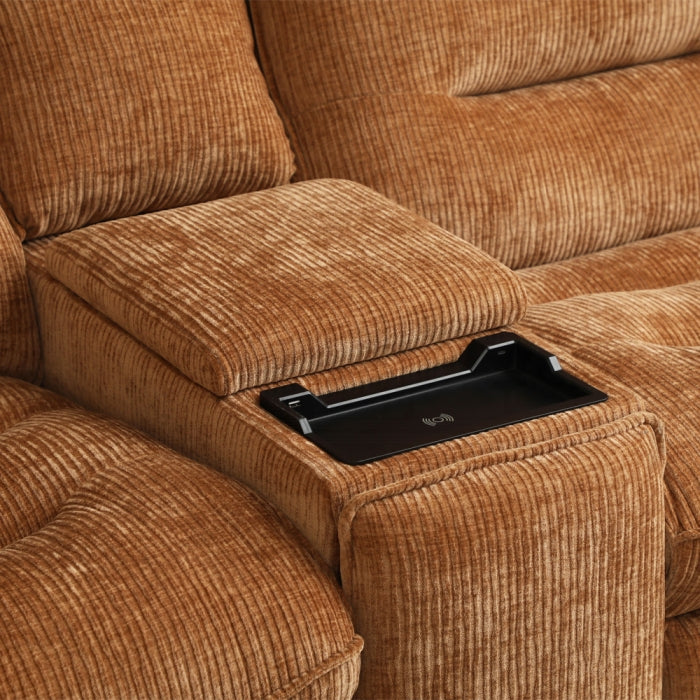 Brown corduroy recliner sofa with charging tray table