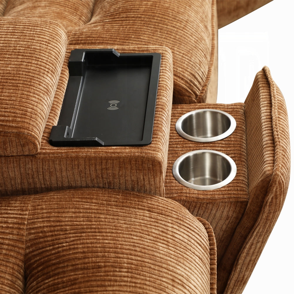 Brown textured armchair with cup holders and a tablet stand.
