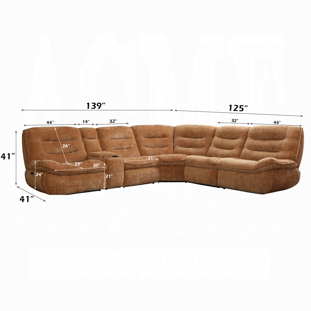 Brown sectional sofa with dimensions on a white background
