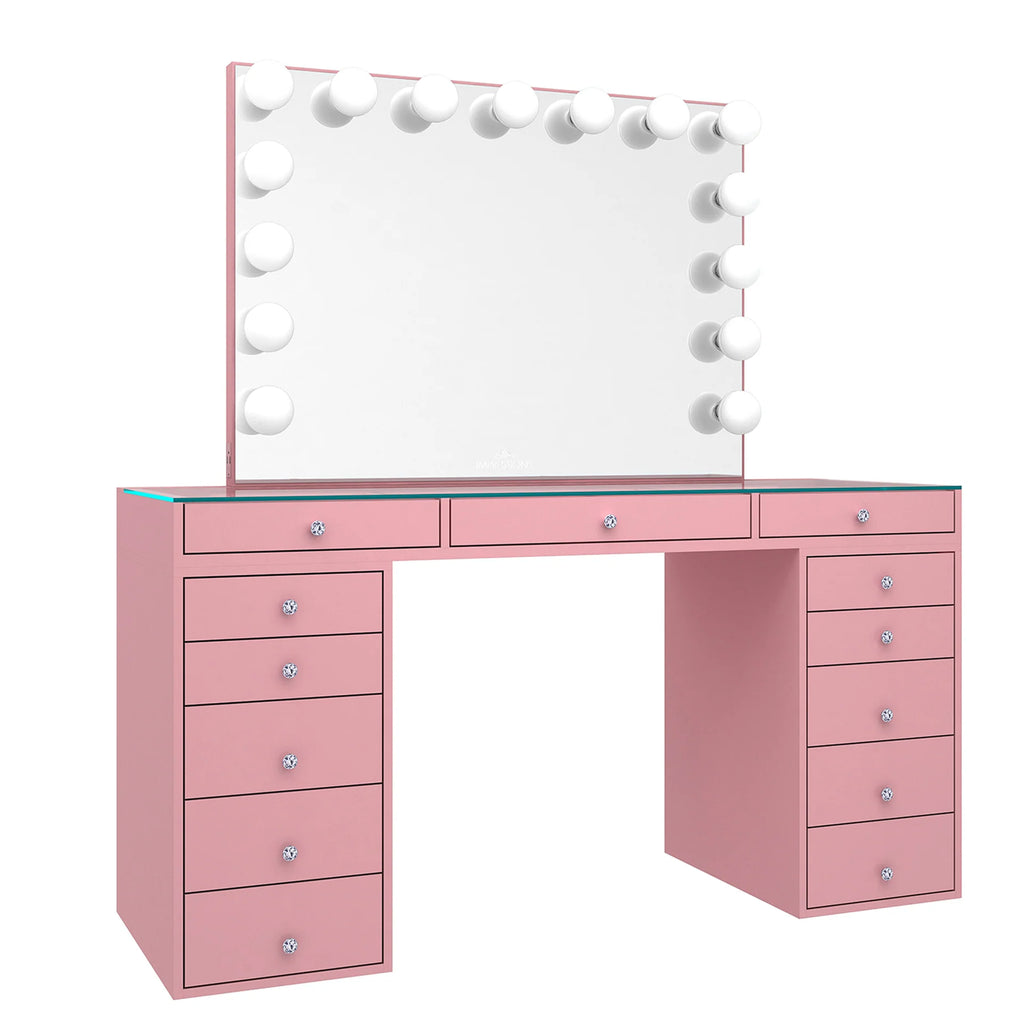 Pink vanity desk with mirror and lights on a white background