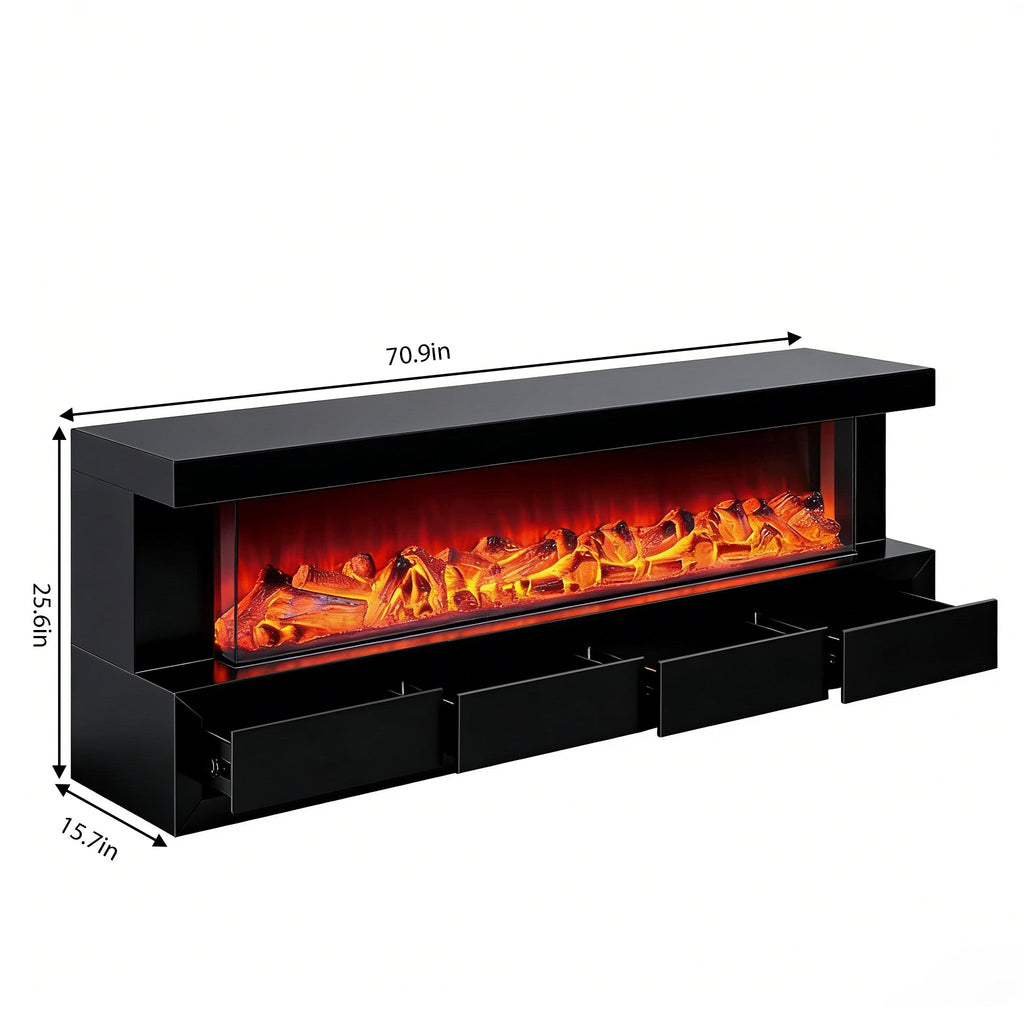Black electric fireplace with glowing logs and measurements on a white background