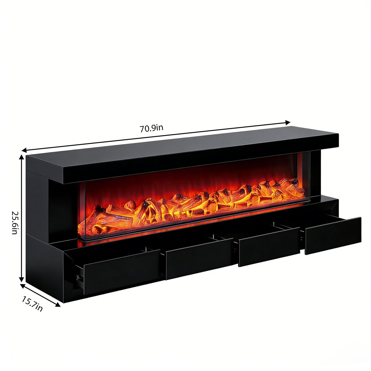 Black electric fireplace with glowing logs and measurements on a white background
