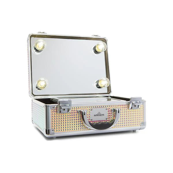 Silver makeup case with lights on a white background