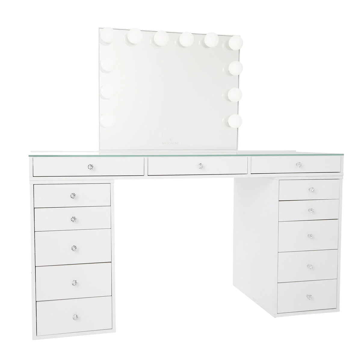 White vanity desk with mirror and drawers on a white background