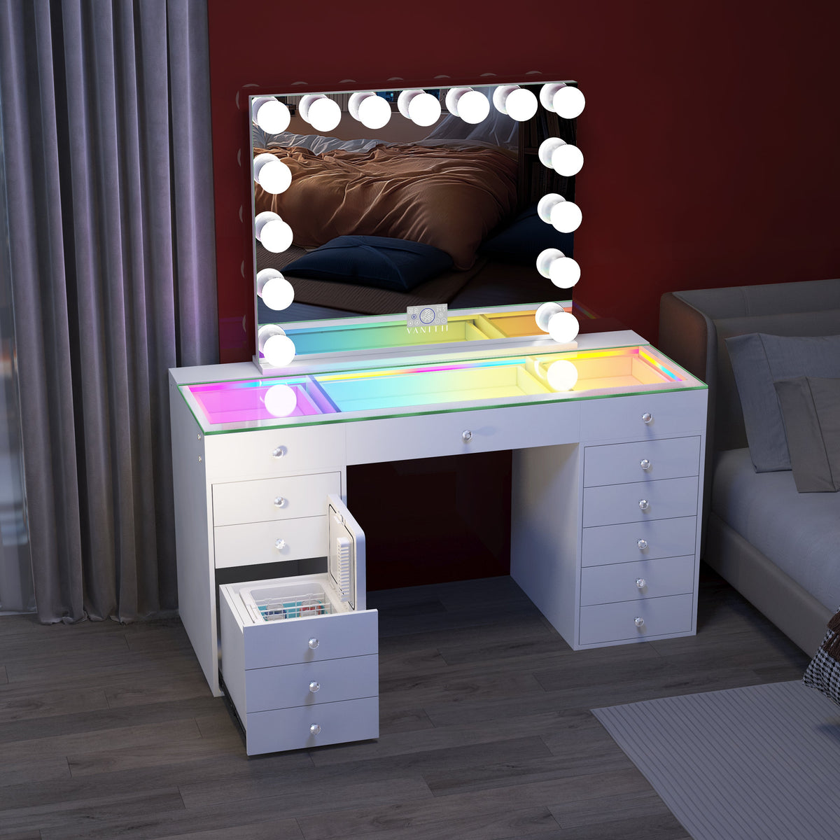 VANITII Vanity Desk with Fridge & 10 Storege Drawers